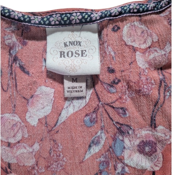 Knox Rose Pink Floral Boho Babydoll Dress Short Sleeve V-Neck Tiered Mini Size M - Picture 4 of 4